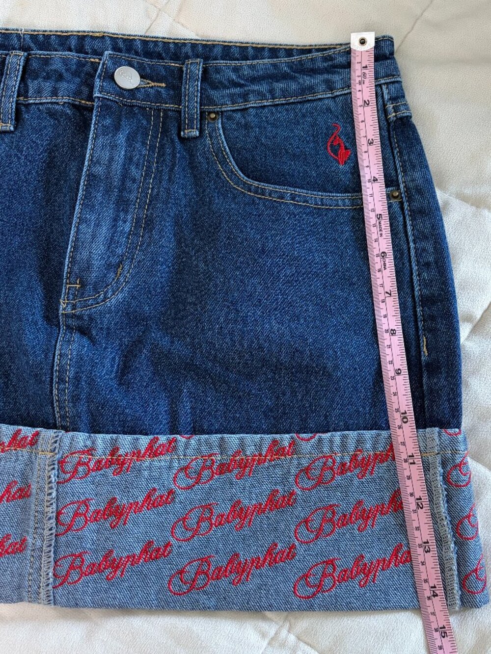 NEW Baby Phat Denim Skirt Y2K Inspo Red Embroidered Logo Hem Cat McBling Medium - Picture 6 of 10